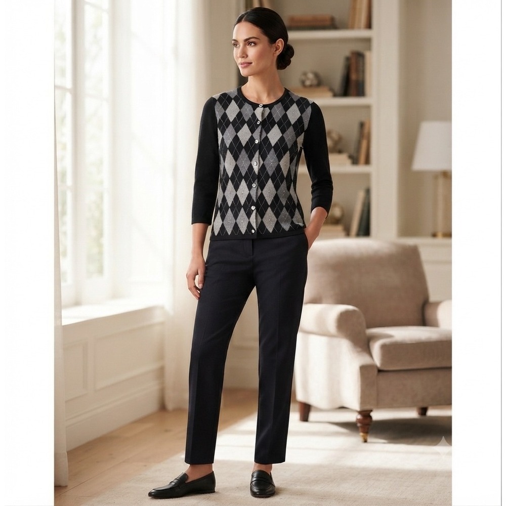 David Brooks Argyle Silk‎ Blend Rhinestone Button Cardigan Sweater Black Grey S